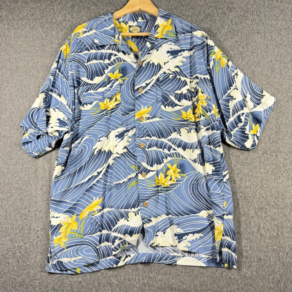 Tommy Bahama Mens Large Blue Wave Yellow Lily Rayon Aloha Camp Loop Collar Shirt